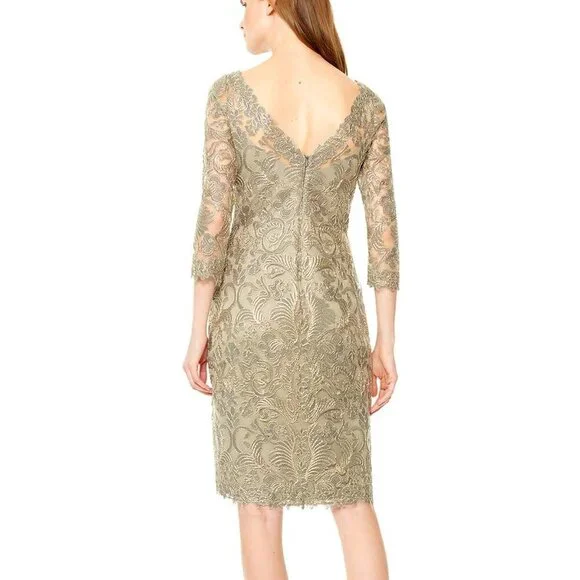 NWT Tadashi Shoji Dress Corded Embroidery On Tulle 3/4 Sleeve. Smoke Pearl Sz 2P